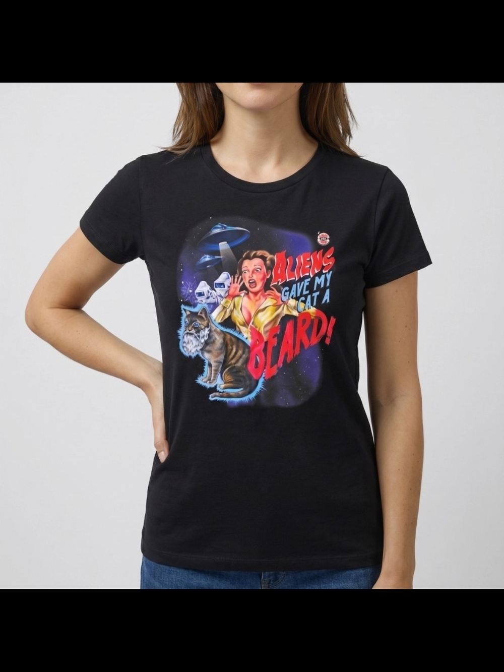 MODCLOTH HALLOWEEN CAT & ALIENS TEE SZ L XL